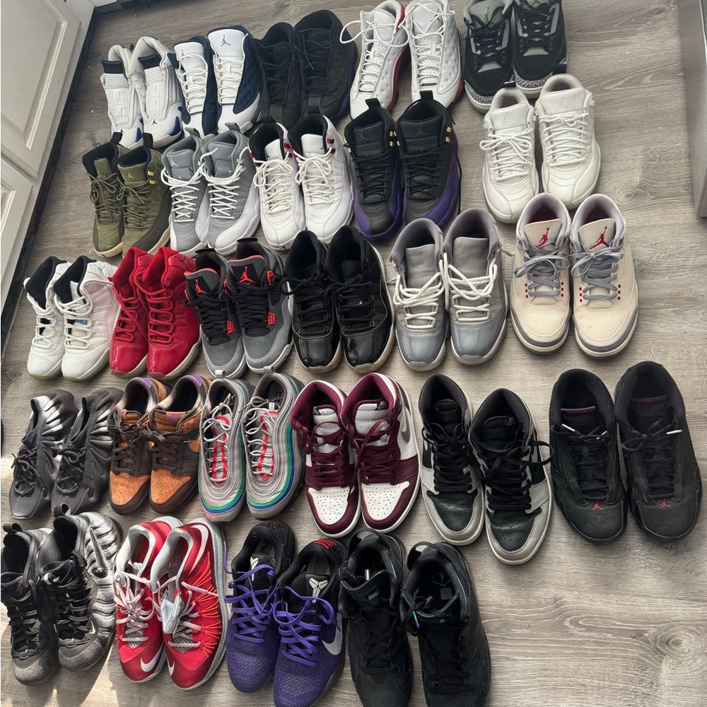 Various Jordans, Nikes, and Yeezys. All size 8.5 besides Flint 13s (8) 450s (9)